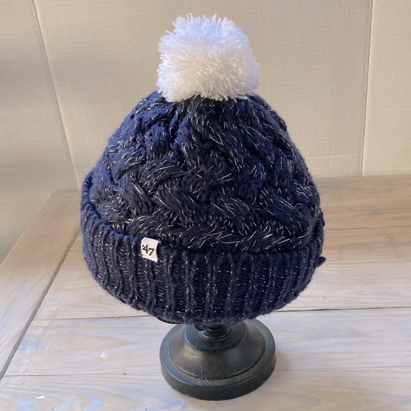 NEW ENGLAND PATRIOTS Knit Cuffed Beanie Hat Blue Silver Metallic White Pom Pom - Picture 3 of 15